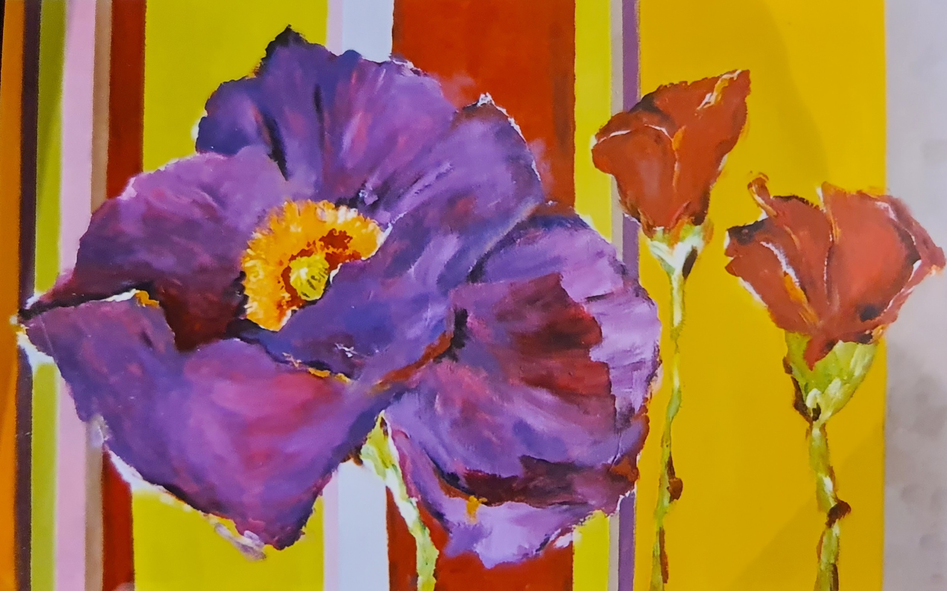 Peinture réalisée à l'atelier — fleurs sur fond rayé